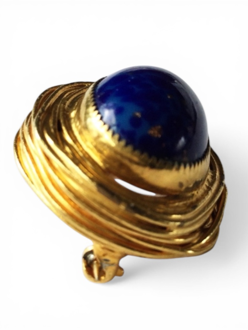 Vintage Brutalist Gold‑Tone Brooch - Blue Agate Cabochon & Gold Flecks - Picture 9 of 13